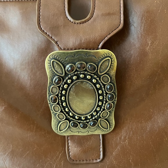 AnaFirenze Brown Tote Bag SyntheticLeather BuckleAccent Zip/Snap ClosureFLAWED - Picture 4 of 16